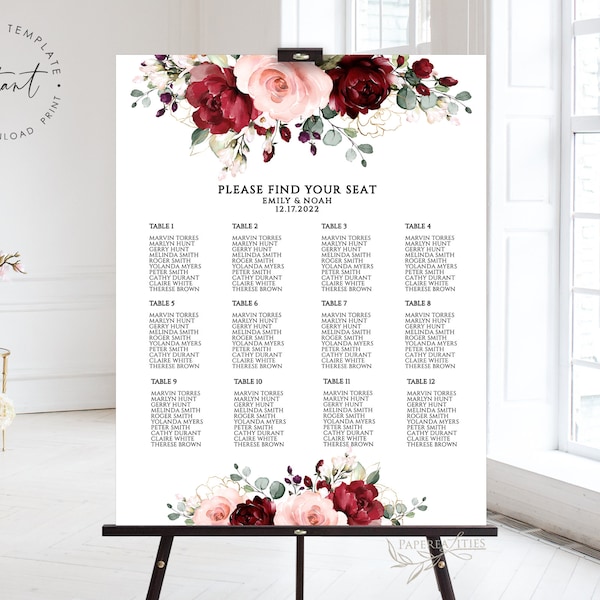 EMILY - Burgundy and Blush Seating Chart Template, Wedding Seating Chart Template, Floral Seating Chart, Guest List Planner, Seat Plan, DIY