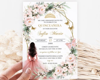 May include: A quinceañera invitation with a watercolour illustration of a young woman in a pink dress, surrounded by floral and butterfly accents. The invitation includes the text "Sofia Marie" and event details in gold lettering.