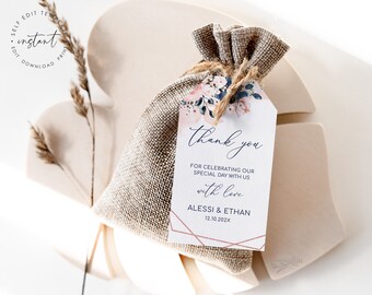 ALESSI - Rose gold Wedding Favor Tags Template, Printable Favor Tags, Favor Tags Bridal Shower, Navy Rose gold Floral Editable Favor Tag DIY