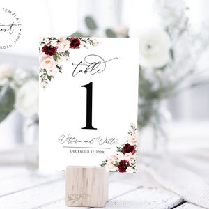 VITTORIA - Burgundy Blush Table Number Template, Floral Table Number, Printable Table Number, Table Guide, Watercolor Floral, Marsala Blush