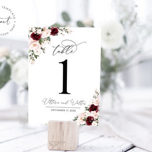 VITTORIA - Modèle de numéro de table de fardeau Blush Bourgogne, numéro de table florale, numéro de table imprimable, guide de table, aquarelle florale, fard à joues