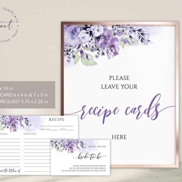 MOLLY - Lavender Bridal Shower Recipe Card, Printable Recipe Card Please Bring a Recipe Bundle Template Floral Bridal Shower Recipe Request