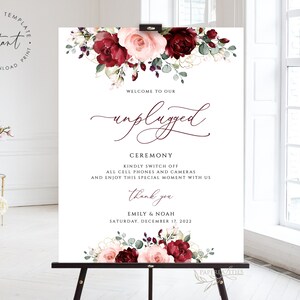 EMILY- Unplugged Wedding Sign Template, Burgundy and Blush Wedding Sign, Floral Unplugged Sign, Welcome Board, Blush Unplugged Ceremony Sign