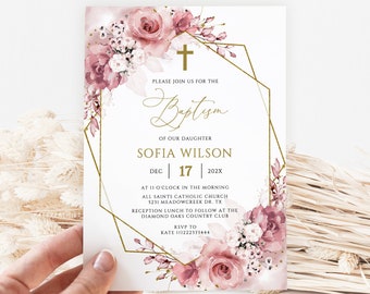 Floral Baby Girl Baptism Invitation Template (Digital Download)