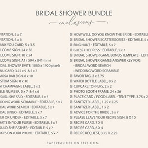 May include: A printable bridal shower bundle checklist with a list of items to include in the party, such as invitations, welcome signs, games, and favours. The checklist includes the size of each item in inches.