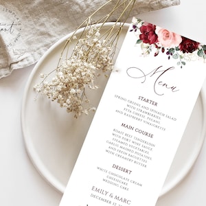 EMILY - Pobierz szablon menu weselnego w kwiaty, karta menu, menu weselne w kolorze burgundzkim i rumieńca, menu koktajlowe, szablon karty menu, menu drinków