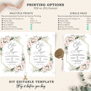 May include: A printable wedding invitation template featuring a gold geometric frame with pink and green floral accents. The text "Ellie and Mason" is displayed in a script font. The invitation includes the date, time, and location of the wedding. The template is available in PDF or JPG format and can be printed at home or by a professional printer.