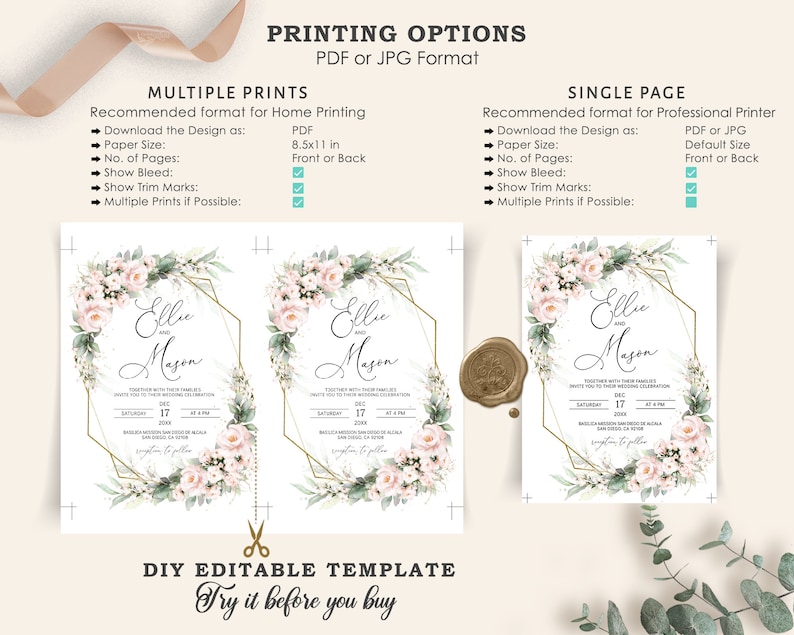 May include: A printable wedding invitation template featuring a gold geometric frame with pink and green floral accents. The text "Ellie and Mason" is displayed in a script font. The invitation includes the date, time, and location of the wedding. The template is available in PDF or JPG format and can be printed at home or by a professional printer.