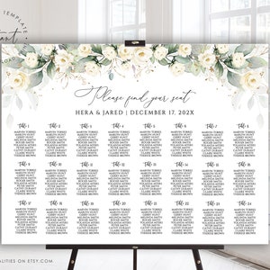 White Floral Seating Chart, Wedding Seating Chart Template, Editable Seating Chart Poster, Wedding Seating Sign, Seating Plan Template, HERA