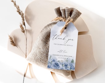 Dusty Blue Floral Wedding Favor Tag Template: Printable Thank You (2x3.5 in Digital Download)