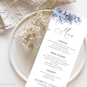 AUDREY - Modello per biglietto di menu blu polveroso, Modello stampabile per menù floreale di nozze, Carta menu modificabile, Menu cocktail, Carta menu, Menu bevande