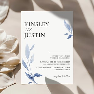 Dusty Blue Wedding Invitation Template, Simple Minimalist Wedding Invite, Printable Editable Light Blue Wedding Invitation Download, M02