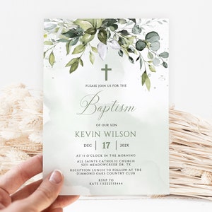 Baptism Invitation Template, Greenery Baptism Invitation, Printable Christening Invitation Sage, Eucalyptus Greenery Baptism Invite, Serene