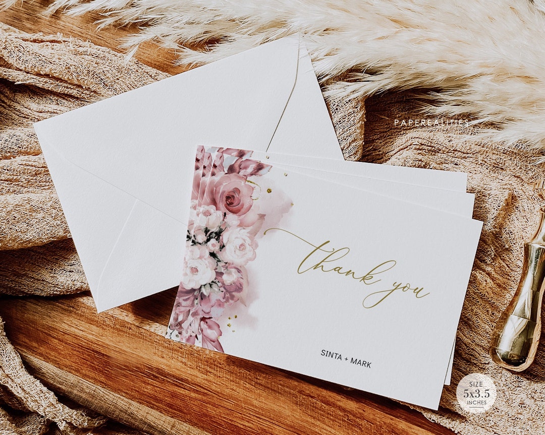 Dusty Rose Floral Wedding Thank You Card Template (digital Download) - Etsy