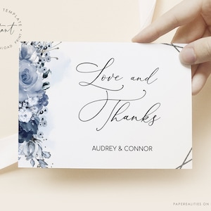 AUDREY- Modelo de cartão de agradecimento de casamento para impressão, cartão de agradecimento floral azul empoeirado, modelo de cartão de agradecimento de casamento editável floral