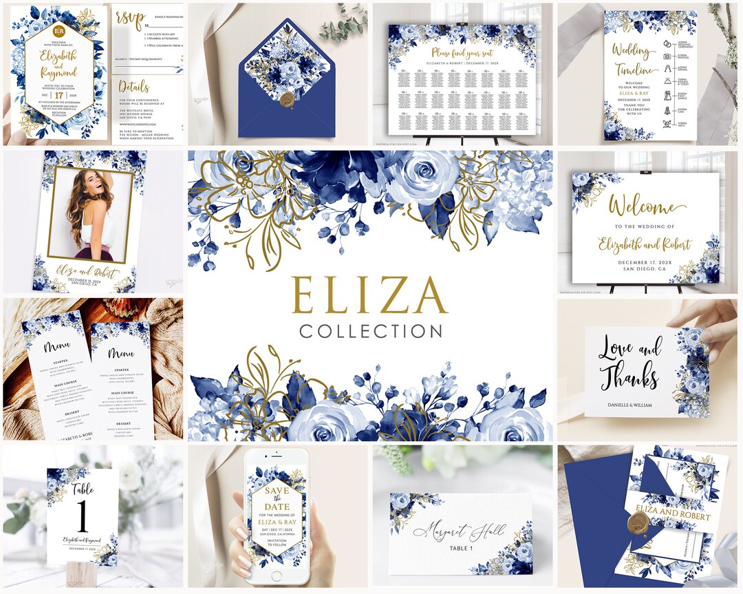 Blue Wedding Bundle Template, Blue Floral Wedding Invitation, Printable ...