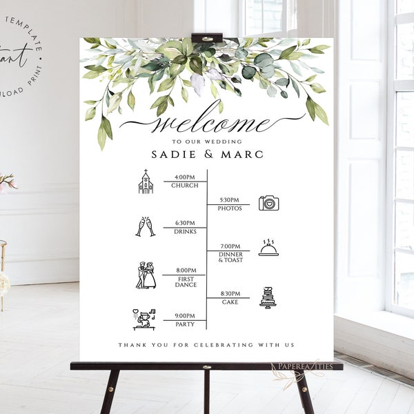 SERENE - Wedding Timeline Template, Wedding Agenda, Greenery Timeline, Custom Agenda Board, Printable Timeline Board, Order of the Day Sign