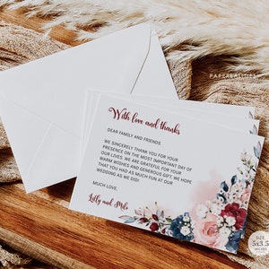 Modelo de cartão de agradecimento de casamento da Marinha da Borgonha Modelo de cartão de agradecimento editável, cartão de agradecimento floral Download instantâneo, LILLY