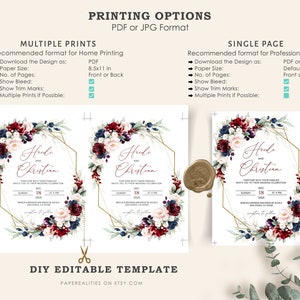 May include: A printable wedding invitation template with a burgundy, blush, and navy floral design. The text reads "Heidi and Christian" with a date and time for the wedding ceremony. The template is available in PDF or JPG format and can be printed at home or professionally.