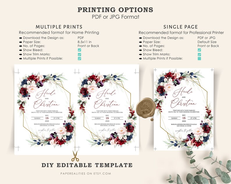 May include: A printable wedding invitation template with a burgundy, blush, and navy floral design. The text reads "Heidi and Christian" with a date and time for the wedding ceremony. The template is available in PDF or JPG format and can be printed at home or professionally.