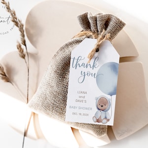 Bear Balloon Baby Shower Favor Tags Template, Printable Editable Baby Shower Thank You Tag Teddy Bear Favor Tag Dusty Blue Baby Shower, PB12