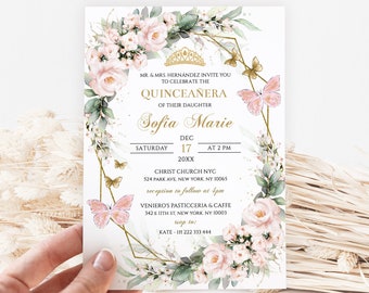 Blush Pink Floral Quinceañera Invitation Template (DIY Editable)