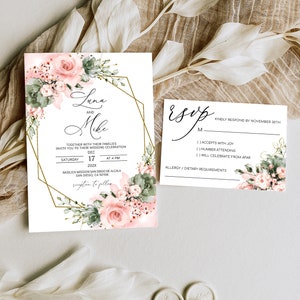 Modèle d’invitation de mariage, vert sauge et blush floral mariage RSVP ensemble invitation de mariage modifiable sauge et rose, Corjl téléchargement instantané LUNA