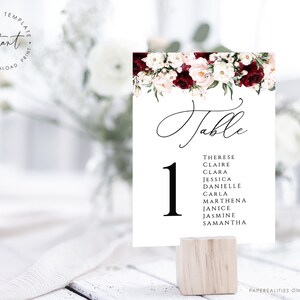 Tabella dei posti a sedere per matrimonio Modello di carta Tabella dei posti a sedere Tabella dei posti a sedere modificabile Piano Piano di disposizione del tavolo floreale bordeaux, VITTORIA