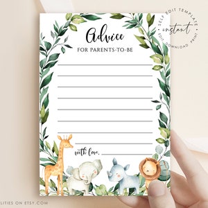 Plantilla de consejos de baby shower para futuros padres, tarjeta de consejos de Jungle Safari imprimible, buenos deseos y descarga de plantilla de consejos para padres