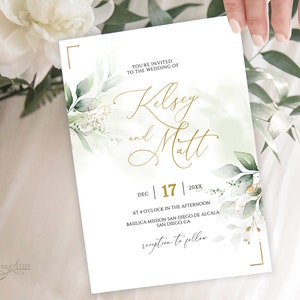 KELSEY Greenery Wedding Invitation Template Download, Printable Wedding Invitation, Greenery and Faux Gold Wedding Invitation Editable image 3