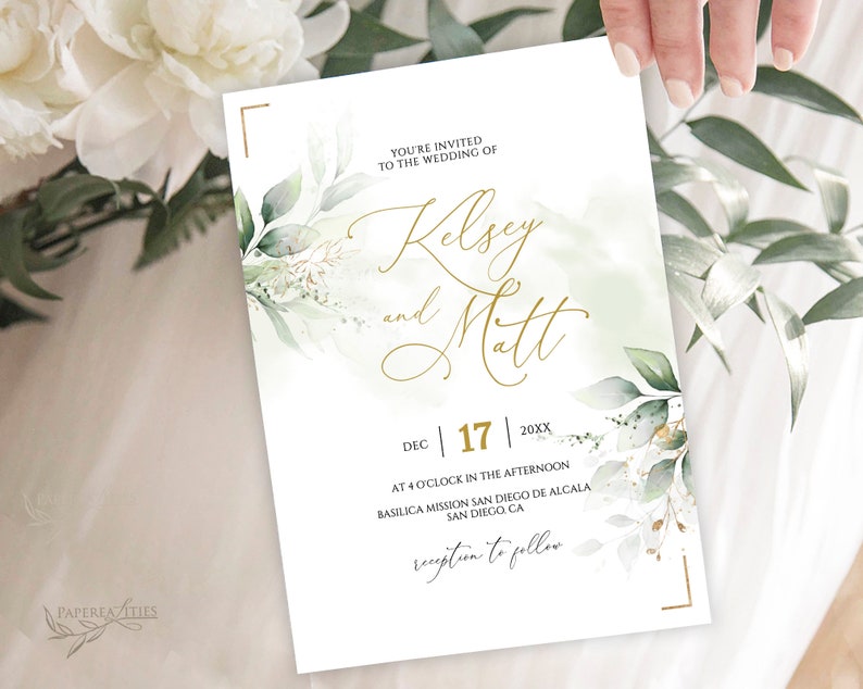KELSEY Greenery Wedding Invitation Template Download, Printable Wedding Invitation, Greenery and Faux Gold Wedding Invitation Editable image 3