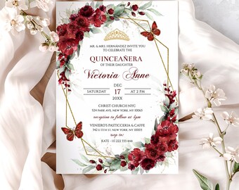 Burgundy Floral Quinceañera Invitation Template (DIY Editable)