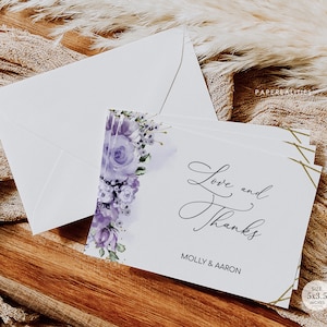 MOLLY - Lavendel Hochzeit Dankeskartenvorlage, bearbeitbare Dankeskarte, Dankesvorlage, Floral Lila Danksagungskarte, Sofort Download