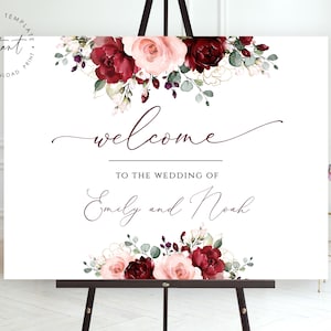 EMILY - Burgundy and Blush Welcome Sign Template, Printable Welcome Sign Template, Floral Wedding Sign, Welcome Board, Blush Wedding Sign