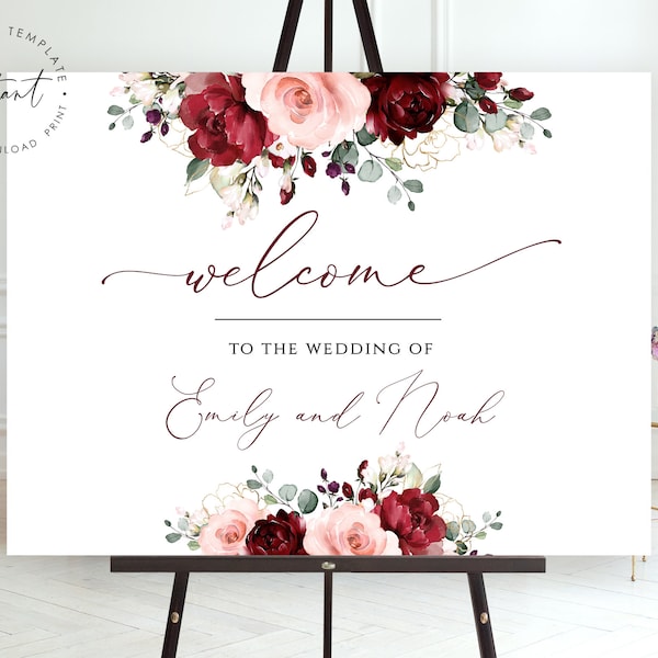 Burgundy Blush Floral Wedding Welcome Sign Template (Digital Download)