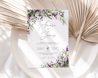 Plantilla de invitación de boda con vegetación morada (descarga digital)