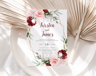 Burgundy Blush Roses Wedding Invitation Template with Gold Border (Digital Download)