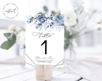 Plantilla de número de mesa para boda con flores en azul polvoriento (descarga digital)