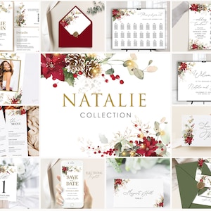 Romantische Hochzeitseinladung, Weihnachtshochzeitseinladungs-Set Roter Weihnachtsstern Winter Holly, Winterhochzeits-Einladungs-Set, NATALIE