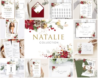 Puede incluir: Una colección de papelería de boda imprimible con un tema invernal con poinsettias rojas, bayas de acebo y acentos dorados. La colección incluye tarjetas de guardar la fecha, invitaciones, menús, números de mesa y más.