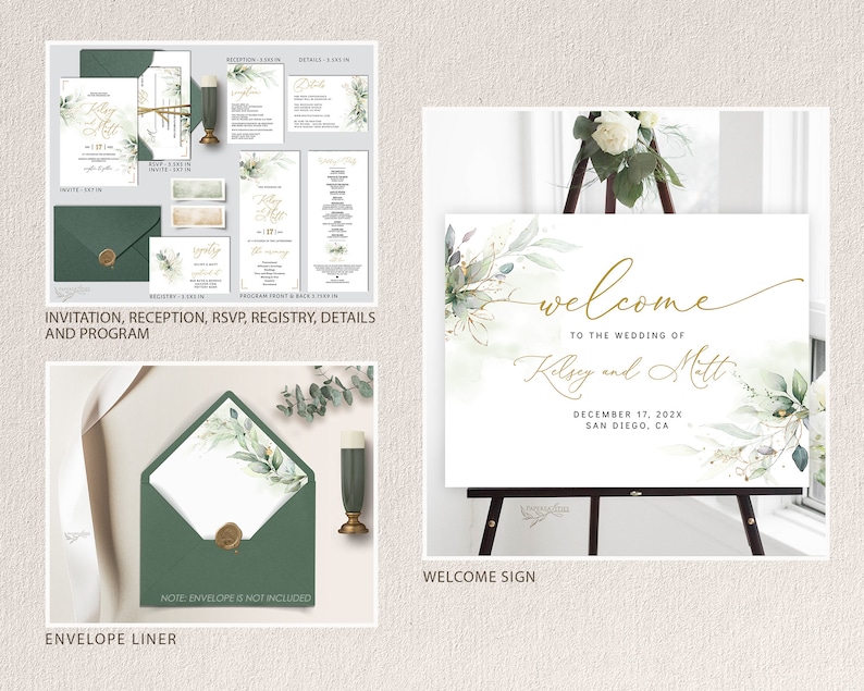 KELSEY Greenery Wedding Invitation Bundle Template, Sage Green Gold Wedding Invitation Suite, Wedding Template Bundle, Wedding Invitation image 2