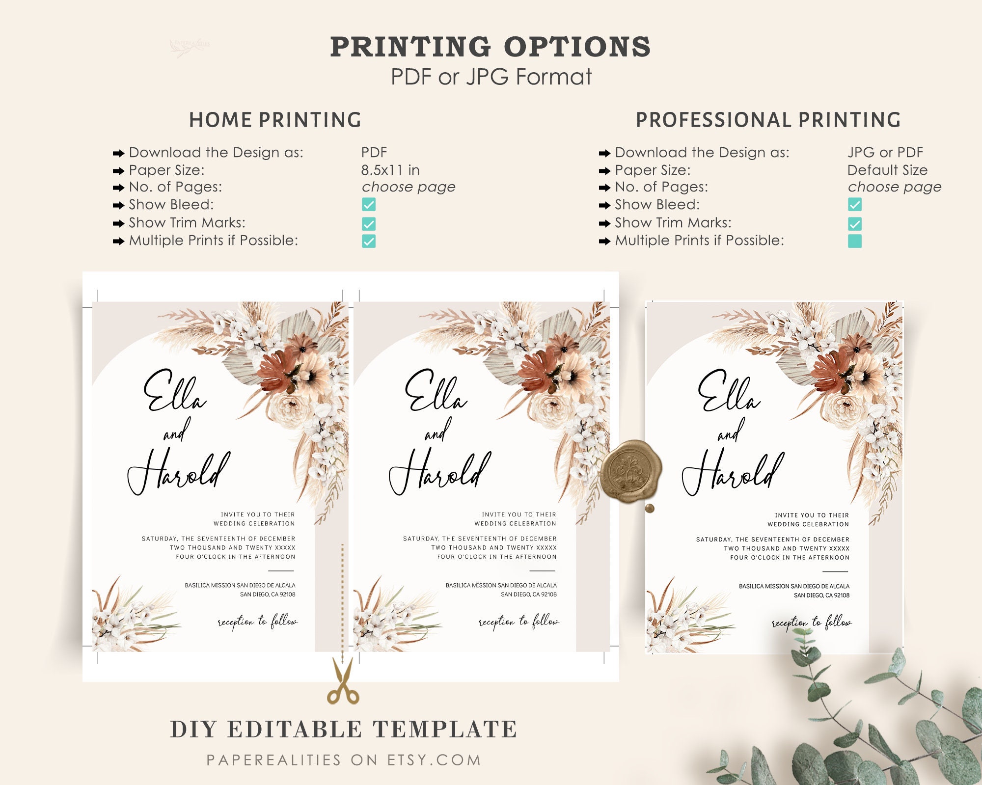 Pampas Grass Wedding Invitation Template: Boho Printable Set (digital  Download) - Etsy, image size:2000x1599