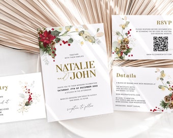 Christmas Wedding Invitation Template Winter Wedding Invites Suite Editable Wedding Invitation Set Red Poinsettia Winter Holly Corjl NATALIE