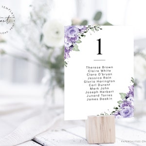 Bruiloft zitplaatsen grafiek kaartsjabloon, lavendel Lila bewerkbare bruiloft zitplaatsen grafiek kaart, paarse bloemen zitplaatsen grafiek kaart afdrukbare, OCEAAN