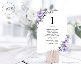 Wedding Seating Chart Card Template, Lavender Lilac Editable Wedding Seating Chart Card, Purple Floral Seating Chart Card Printable, OCEAN