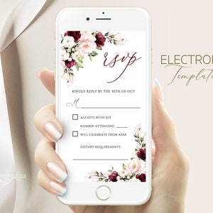 May include: A digital RSVP card with a floral design in shades of pink and burgundy. The text reads "RSVP" and "KINDLY REPLY BY THE 30TH OF OCT". The card includes options for guests to indicate their attendance, number of guests attending, and dietary requirements.