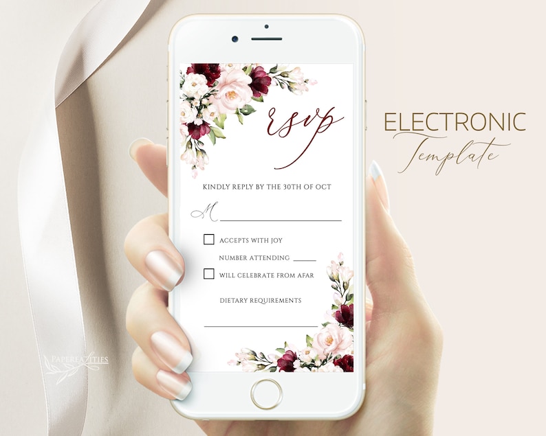 May include: A digital RSVP card with a floral design in shades of pink and burgundy. The text reads "RSVP" and "KINDLY REPLY BY THE 30TH OF OCT". The card includes options for guests to indicate their attendance, number of guests attending, and dietary requirements.