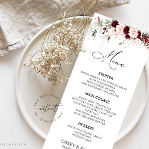 CASEY - Modello per menù floreale bordeaux, Carta da menu modificabile stampabile, Modello per menù di nozze, Modello per menu arrossire bordeaux, Menu per cocktail