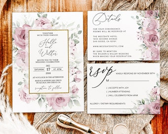 May include: Wedding invitation suite with floral designs in shades of pink and green. The invitation card features the names "Halle and Walter" and the date "December 17, 20XX". The RSVP card includes details for guests to respond by November 30th.