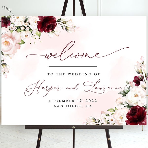 Burgundy Blush Floral Wedding Welcome Sign Template (Digital)